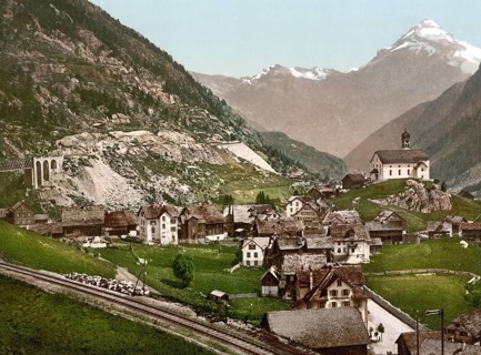 Wassen, and Middle Maienreuss Bridge, St. Gotthard, Switzerland, Historic, digitally restored