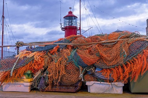 A pile of fishing nets, lightship 18, Harwich, England, Great Britain