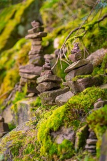 Moss-covered stone towers in a forest that radiate balance and tranquillity, Glaswaldsee, Bad