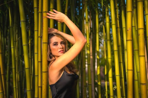 Portrait of a Caucasian girl in a black dress in a bamboo forest