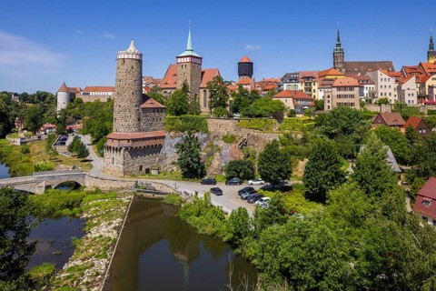 Old town with water art, Bautzen, Saxony, Germany