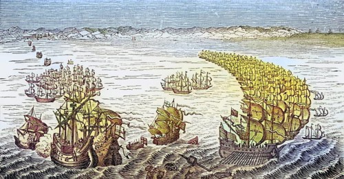 The English fleet under the command of Sir Francis Drake attacking the Spanish Armada in 1588, from