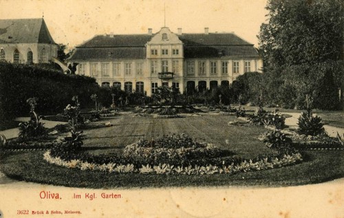 Abbot's Palace in Oliwski Park in Danzig-Oliva, Poland, authentic reproduction of an old postcard,