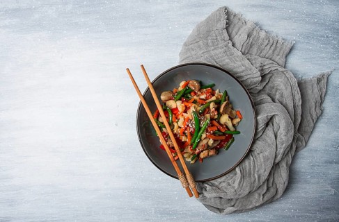 Wok, Asian-style vegetables, street food, mixed vegetables, no people, top view