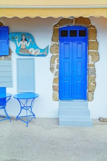 Greek taverna facade, Mandraki, Nisyros Island, Dodecanese Islands, Greece