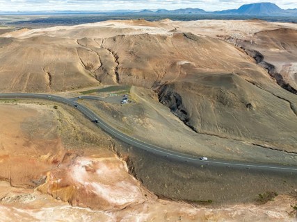 Viewpoint at ringroad no. 1 in the Myvatn geothermal area, aerial view, Myvatn region, Iceland