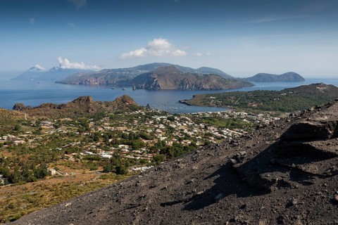 Houses, Vulcano harbour, Lipari and Salina in the background, Aeolian or Aeolian Islands, Sicily,