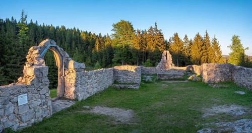 Ruins of the Church of St Nicholas under Krudum in the Imperial Forest in the evening light, Kostel