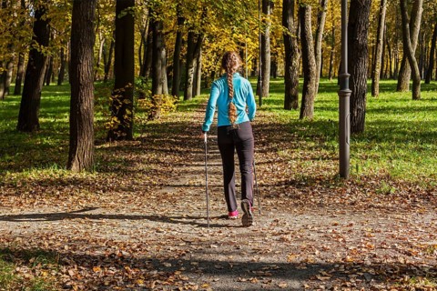 Nordic walking adventure and exercising concept, woman hiking withnordic walking poles in park