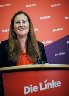 Janine Wissler, Chairwoman of the Left Party, recorded at a press conference in Berlin, 19 August