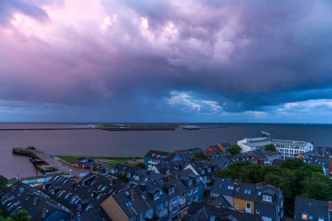 Heligoland, North Sea, view from the upper land to the roofs of the houses in the lower land, rows