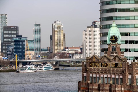 Kop van Zuid, Wilhelminapier, skyscrapers on the Nieuwe Maas, skyline of the city center, Holland