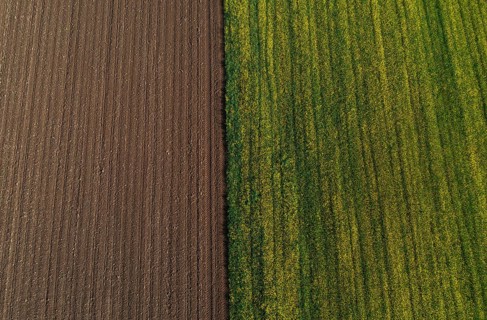 Drone view, green and ploughed fields, agricultural landscape, Innviertel, Upper Austria, Austria
