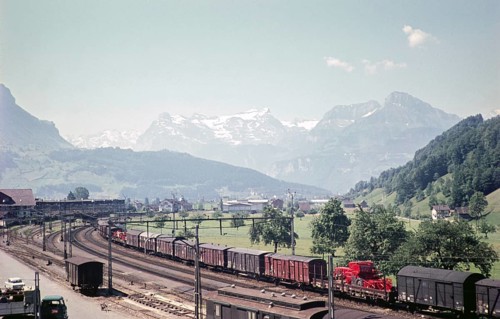 Goods train railway layout with a view of the mountains, probably Schwyz, Switzerland, Europe, 1959