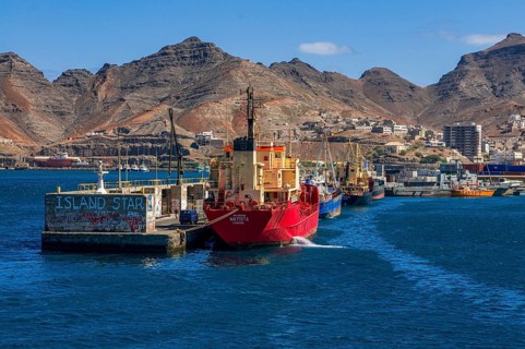 Cargo ship in harbor. San Vincente. Mindelo. Cabo Verde. Africa