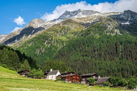 Flowering meadows chapel and traditional wooden houses, village Fäld at the inner Binn valley,