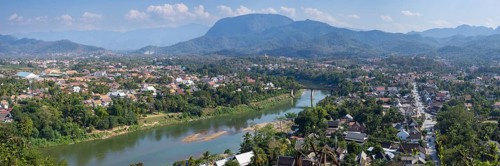 Panorama over Luang Prabang with Nam Khan River and Wat Phol Pao in the background, Laos
