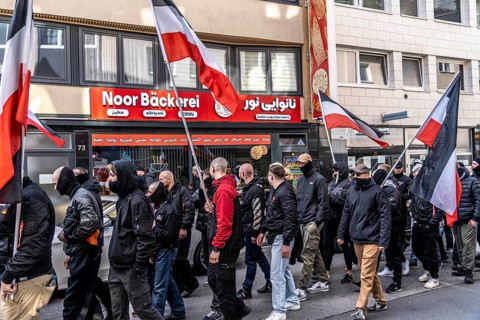 The neo-Nazi group Jung und Stark, JS, demonstrates in the city centre of Essen, demanding the