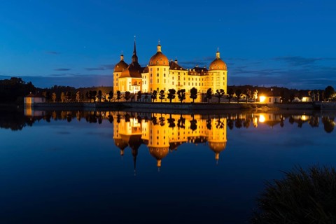 Moritzburg Castle at blue hour, Moritzburg, Meißen County, Saxony, Germany