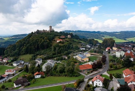 Drone shot, view of the town, Waxenberg castle ruins, Waxenberg, Mühlviertel, Upper Austria,