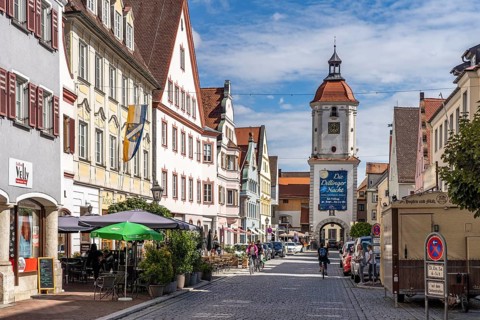 Town view with town gate Mitteltor in Dillingen an der Donau, Bavaria, Germany