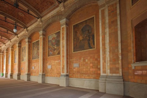 Wall painting in the drinking hall, mosaic, tiles, wall panels, Baden-Baden, Northern Black Forest,