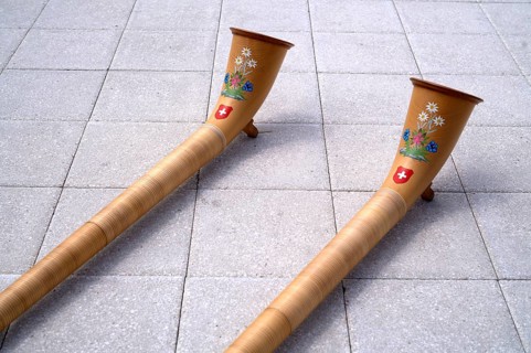 Alphorn, decorated with Swiss national flag and edelweiss, Pilatus Kulm mountain station, behind it