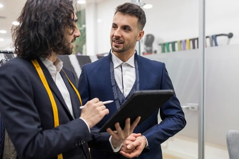 A tailor with a measuring tape consults with a client holding a tablet in a suit store. The