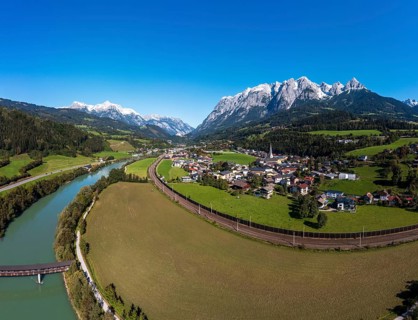 Drone shot, view of village with church, Pfarrwerfen, Tennengebirge, Salzachtal, Pongau, Salzburg
