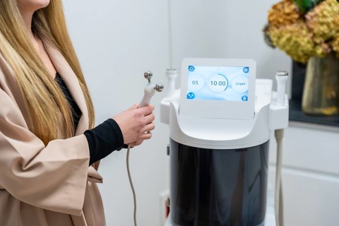 Woman holding a modern microneedling device, preparing for a facial skin treatment at a