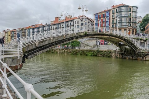 The Puente de la Ribera bridge in the old town district of La Vieja, Bilbao, Spain