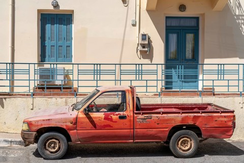 The village of Agios Nikolaos, in the eastern part of Crete, all pickup trucks, Greece