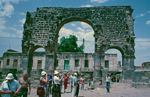 Well-preserved archway, three-arched gate, Bosra, Dar'a, Syria, 1987, vintage, retro, old,