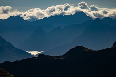 Blue hour over Montafon mountains with thunderclouds, Tschagguns, Rätikon, Montafon, Vorarlberg,