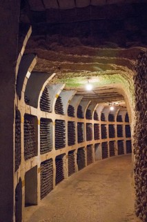 Curvy wine cellar with shelves full of bottles in a dimly lit and mystical setting, wine cellar,
