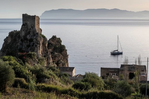 Torre di Scopello, historic defence towers in the rocky bay of Scopello, Sicily, Italy