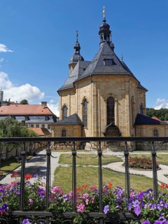 Basilica of Gößweinstein seen from the south, pilgrimage church of the Holy Trinity with Franciscan
