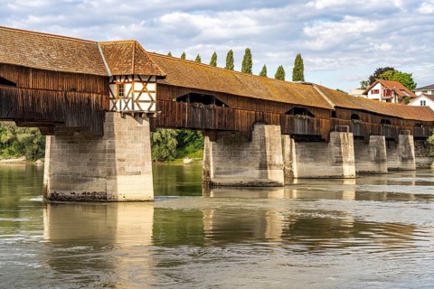 The longest covered wooden bridge in Europe, the Wooden Bridge Bad Säckingen over the Rhine river,