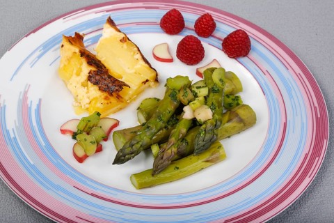 South German cuisine, green asparagus with rhubarb vinaigrette and potato gratin, healthy,