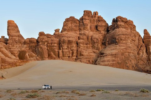 Tourists on a jeep safari in the Ashar Valley, near AlUla, Medina Province, Saudi Arabia, Arabian