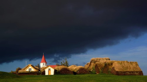 Iceland, Europe, glaumbär, church and houses