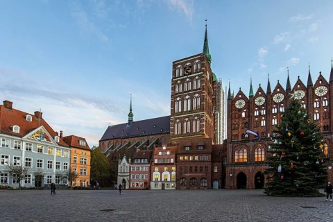 Stralsund medieval town hall, display façade at the Old Market Square, to the left the St. Nicholas