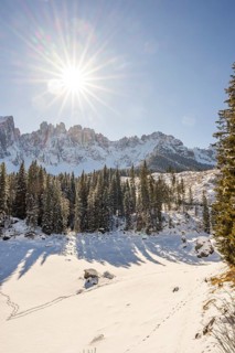 Beautiful landscape of the Mountain silhouettes of the Sexten Dolomites on a sunny winter day,