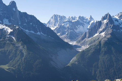 Mountain landscape with mountain peak Grandes Jorasses and glacier Mer de Glace, Mont Blanc massif,