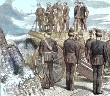 The illustration depicts a scene from the Crimean War, specifically the artillery bombardment at