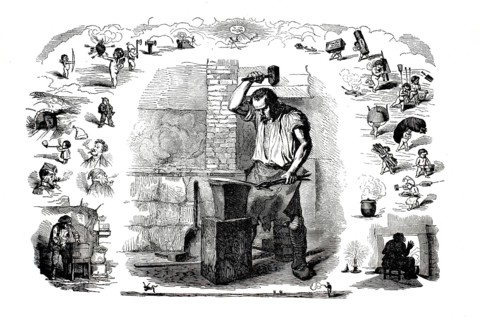 Illustration allegorically represents the element of fire. All vignettes on the left, right and top