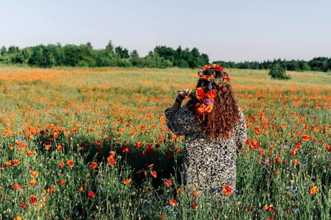 Plus, a woman with long curly hair in a dress stands among a flower poppy meadow in early summer in