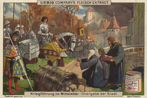 Picture series Warfare in the Middle Ages, At the gates of a besieged city, a city leader kneels in