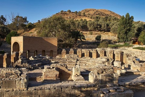 Odeion, Odeum, Greece, ancient ruins of a stone arena in front of an overgrown hill, Gortyn,