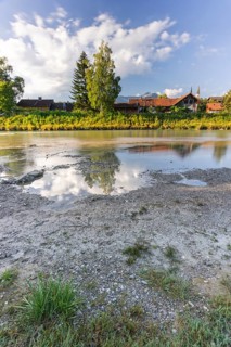 River, riverbed, trees, mountains, morning light, houses, church, mountains, sunny, low tide,